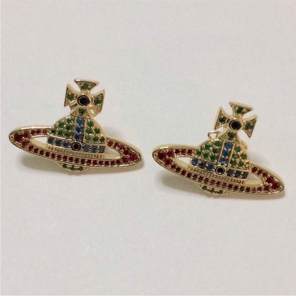 colorful Saturn Orb crystal stud earring Vivienne Westwood style - Picture 4 of 6